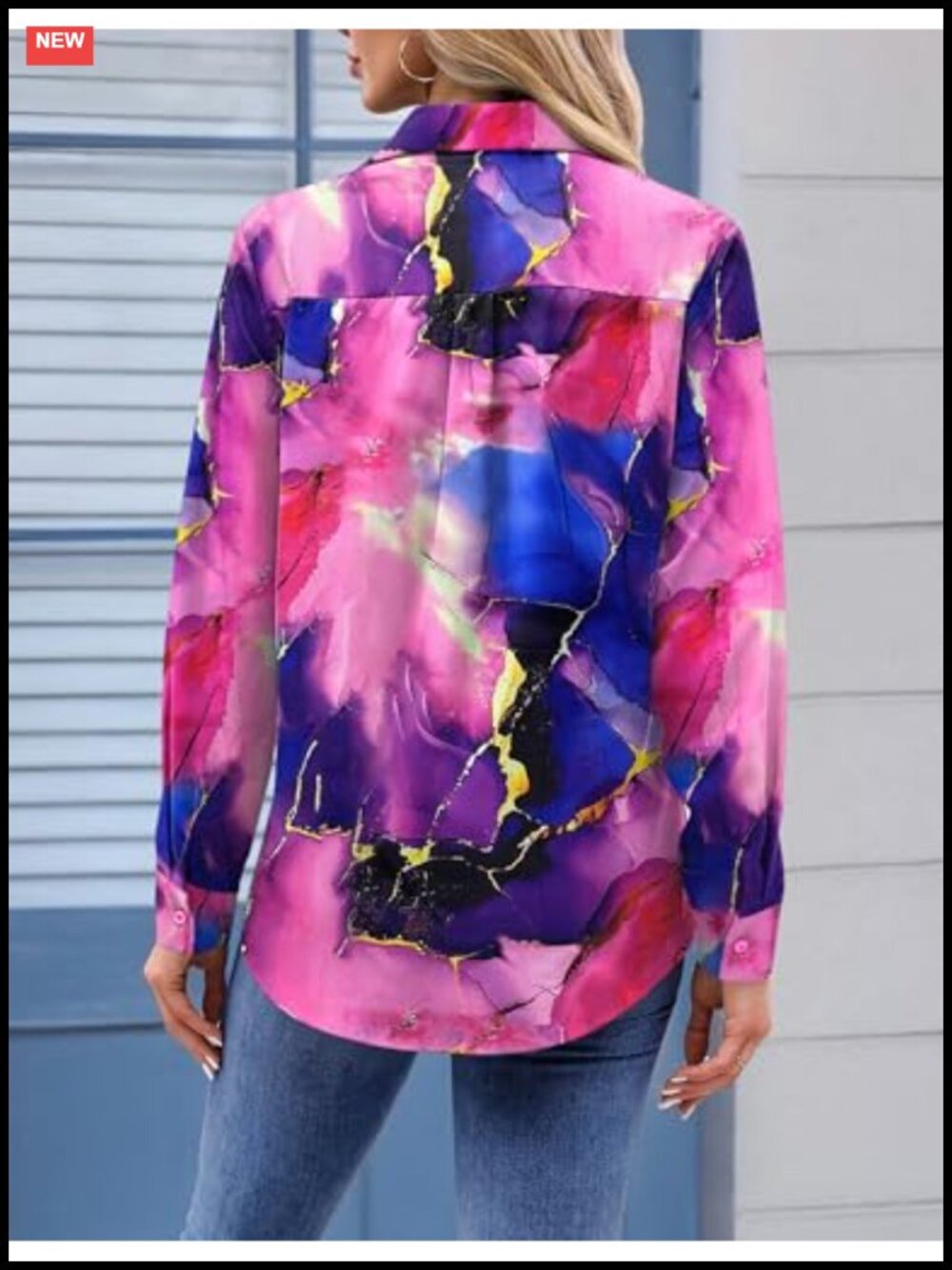 Women's Floral Button-Down Shirt Long Sleeve Work Blouse with Pockets - Picture 3 of 6